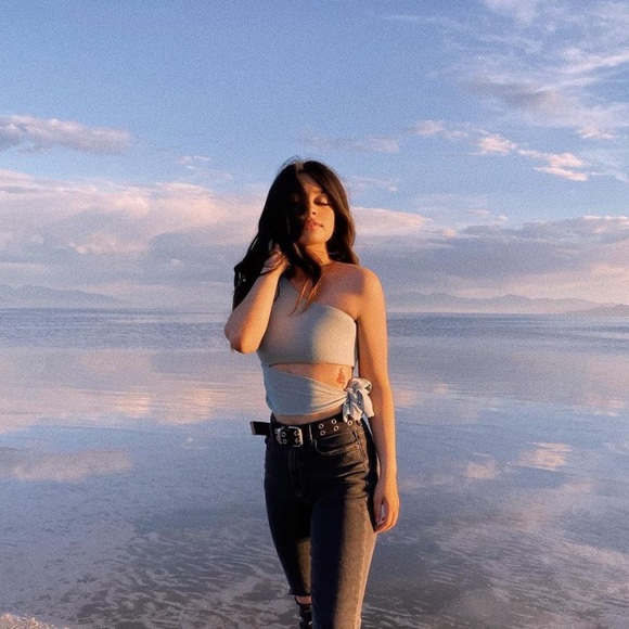 Lulus dusty blue one shoulder tie waist crop top - Picture 2 of 3